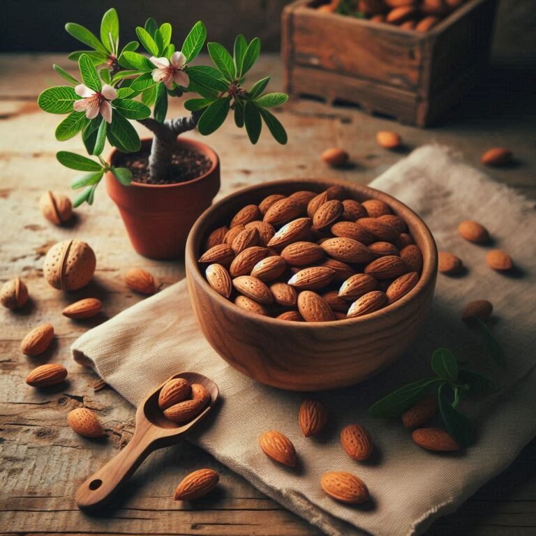 a bowl of almonds with an almond tree