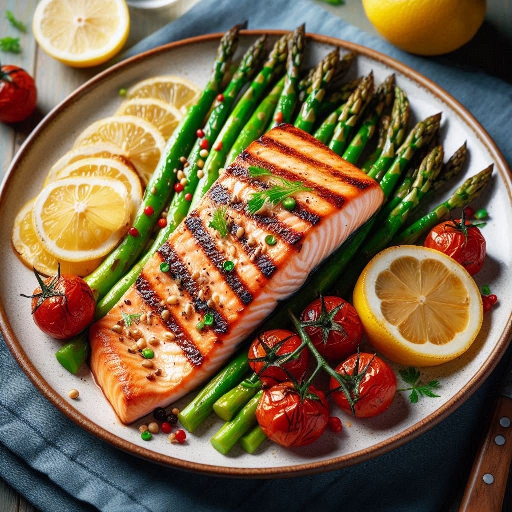 a plate of grilled fish with some vegetables 1