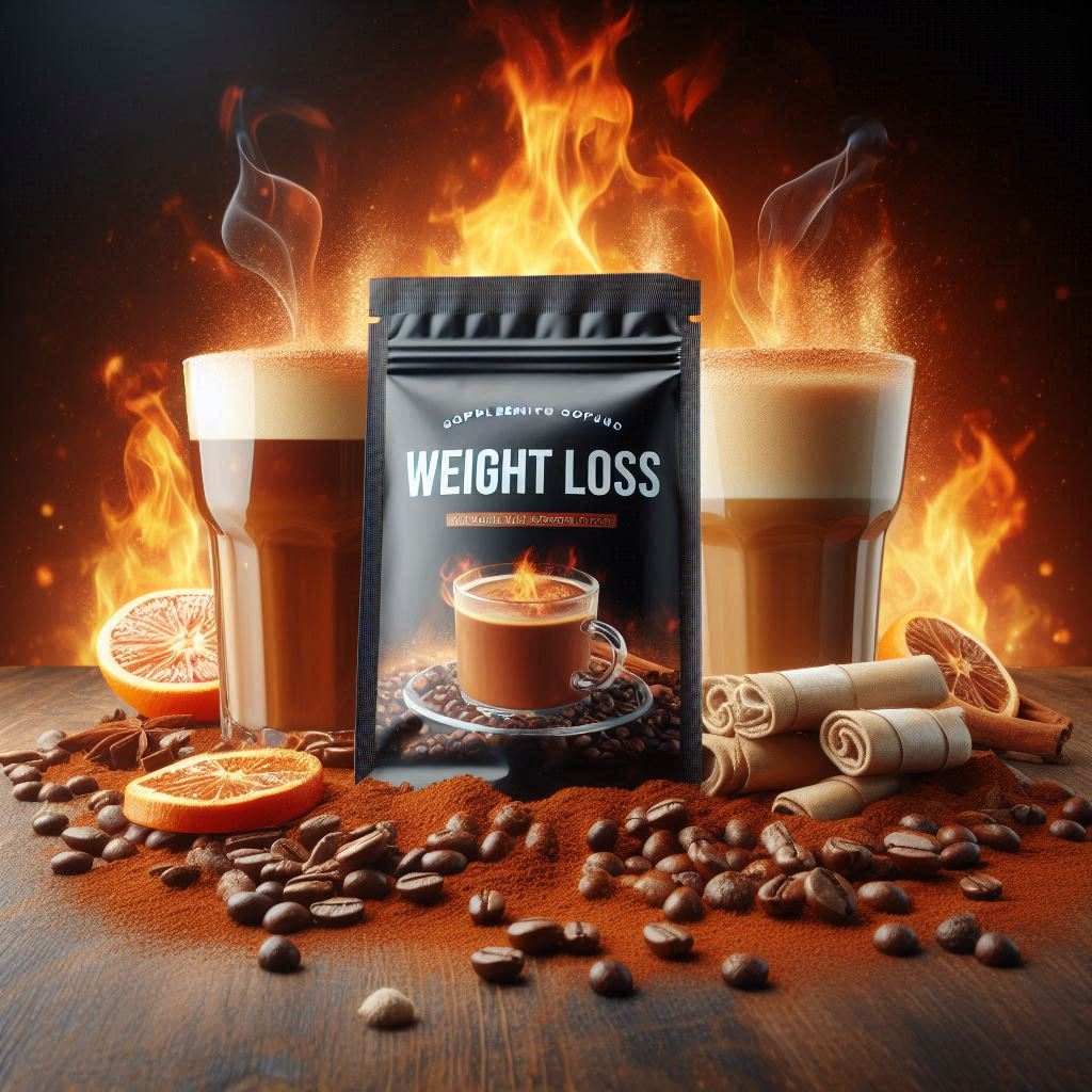 A cup of steaming coffee with Java Burn supplement powder being mixed into it, surrounded by fitness elements like a dumbbell and fresh fruits, highlighting the benefits of boosting metabolism and burning fat.