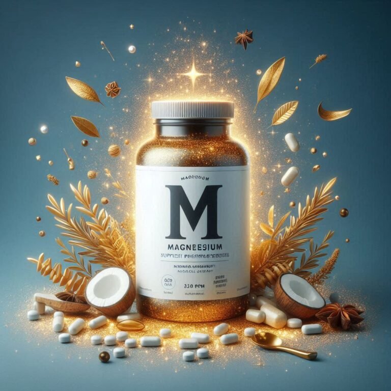 Magnesium supplement bottle with golden sparks around it 1
