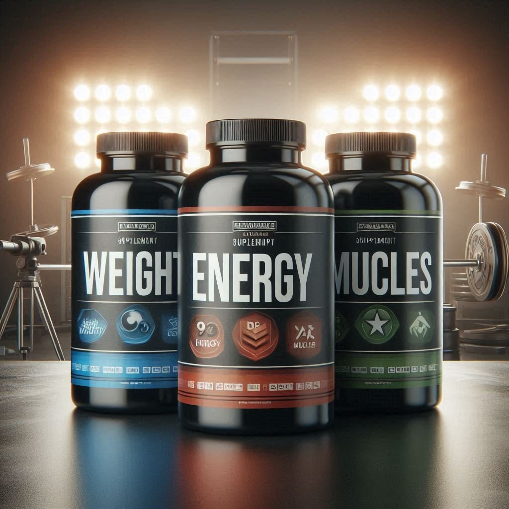 3 bottles of supplements labeled weight loss energy and muscles with a cinematic background
