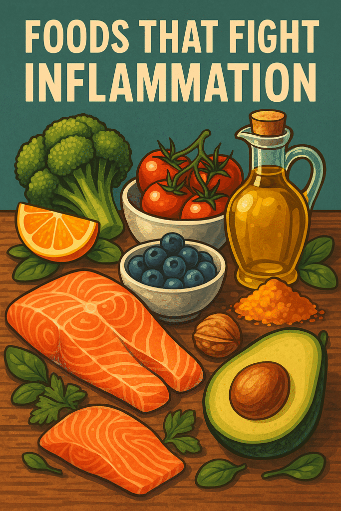 Best Foods That Fight Inflammation: Full Guide A colorful assortment of anti-inflammatory foods including salmon, berries, leafy greens, turmeric, and olive oil arranged on a wooden table