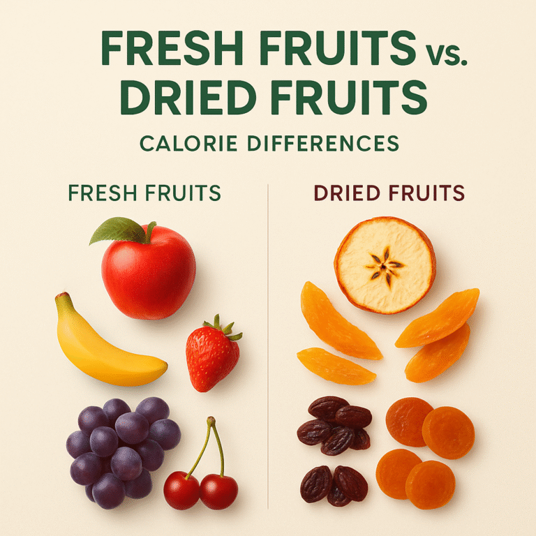 generate a creative design highlighting Fruits vs. Dried Fruits. use fruits for each as example. put a title in the upper center "Fruits vs. Dried Fruits" and a subtitle "Calorie Differences". use a nice and sleek background