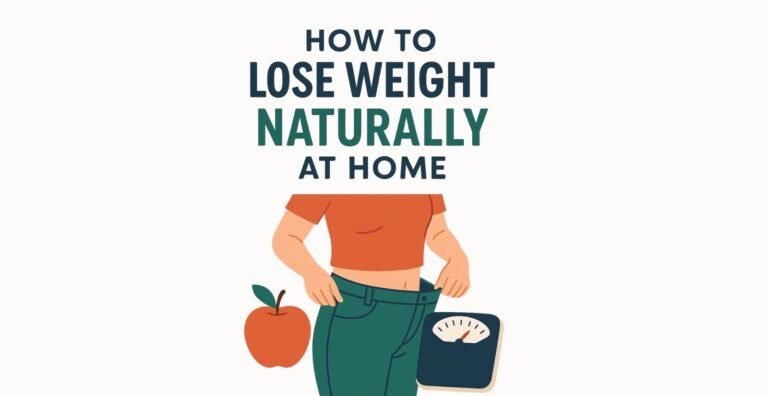 llustration of natural weight loss methods at home, featuring healthy food, exercise, and mindful habits.