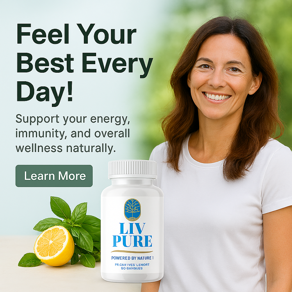 Promotional image for LIV PURE dietary supplement featuring a white bottle labeled "LIV PURE – Powered by Nature, Dietary Supplement 60 Capsules," surrounded by green leaves and purple and yellow flowers. The top text reads "Unlock the Secret to a Healthier Liver Today!" and a green "Learn More" button appears at the bottom.