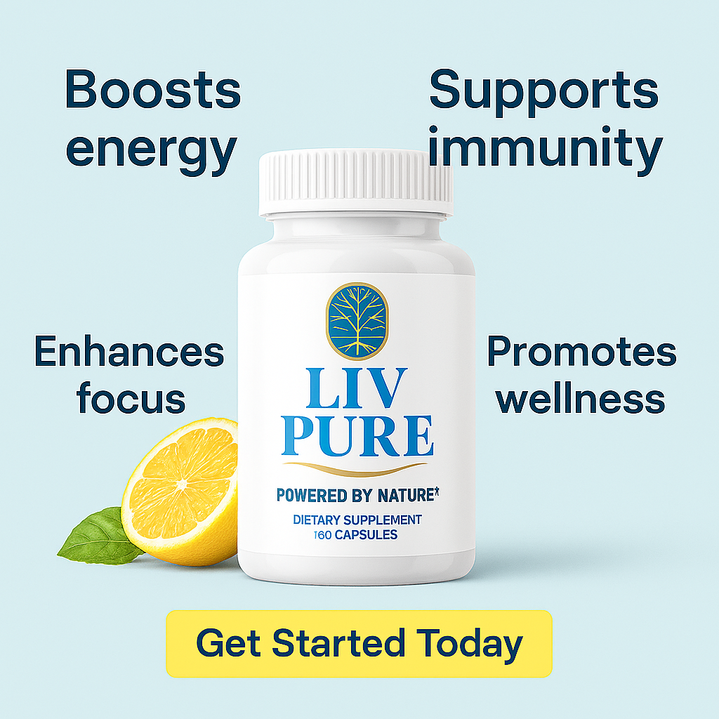 Promotional image for LIV PURE dietary supplement featuring a white bottle labeled "LIV PURE – Powered by Nature, Dietary Supplement 60 Capsules," surrounded by green leaves and purple and yellow flowers. The top text reads "Unlock the Secret to a Healthier Liver Today!" and a green "Learn More" button appears at the bottom.
